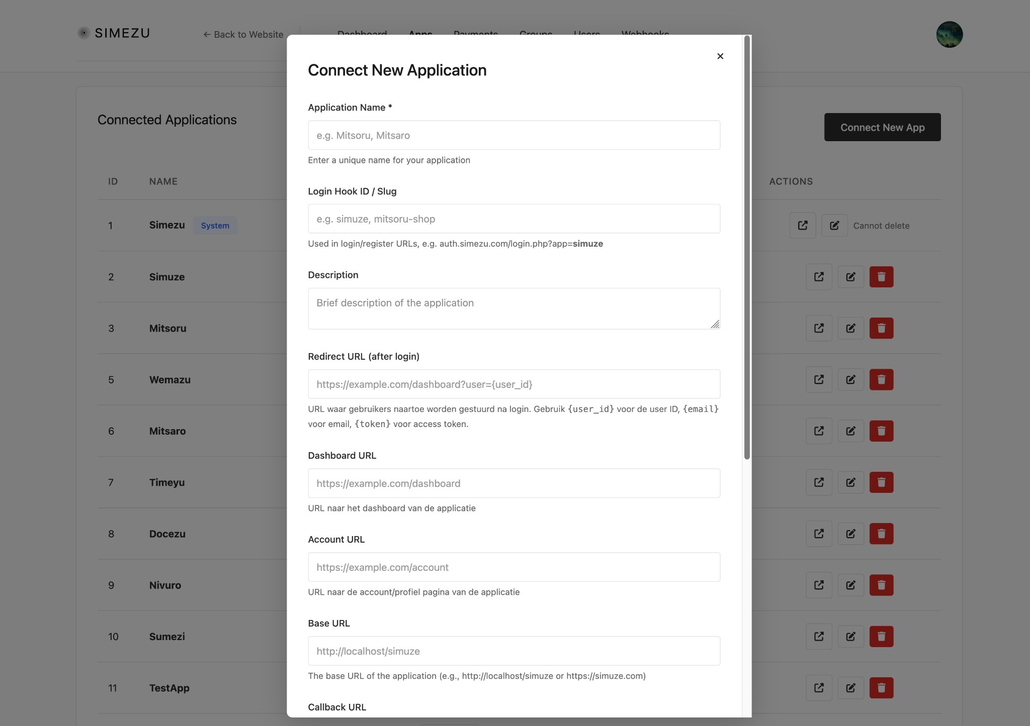 Kimezu apps overview (every registered application)